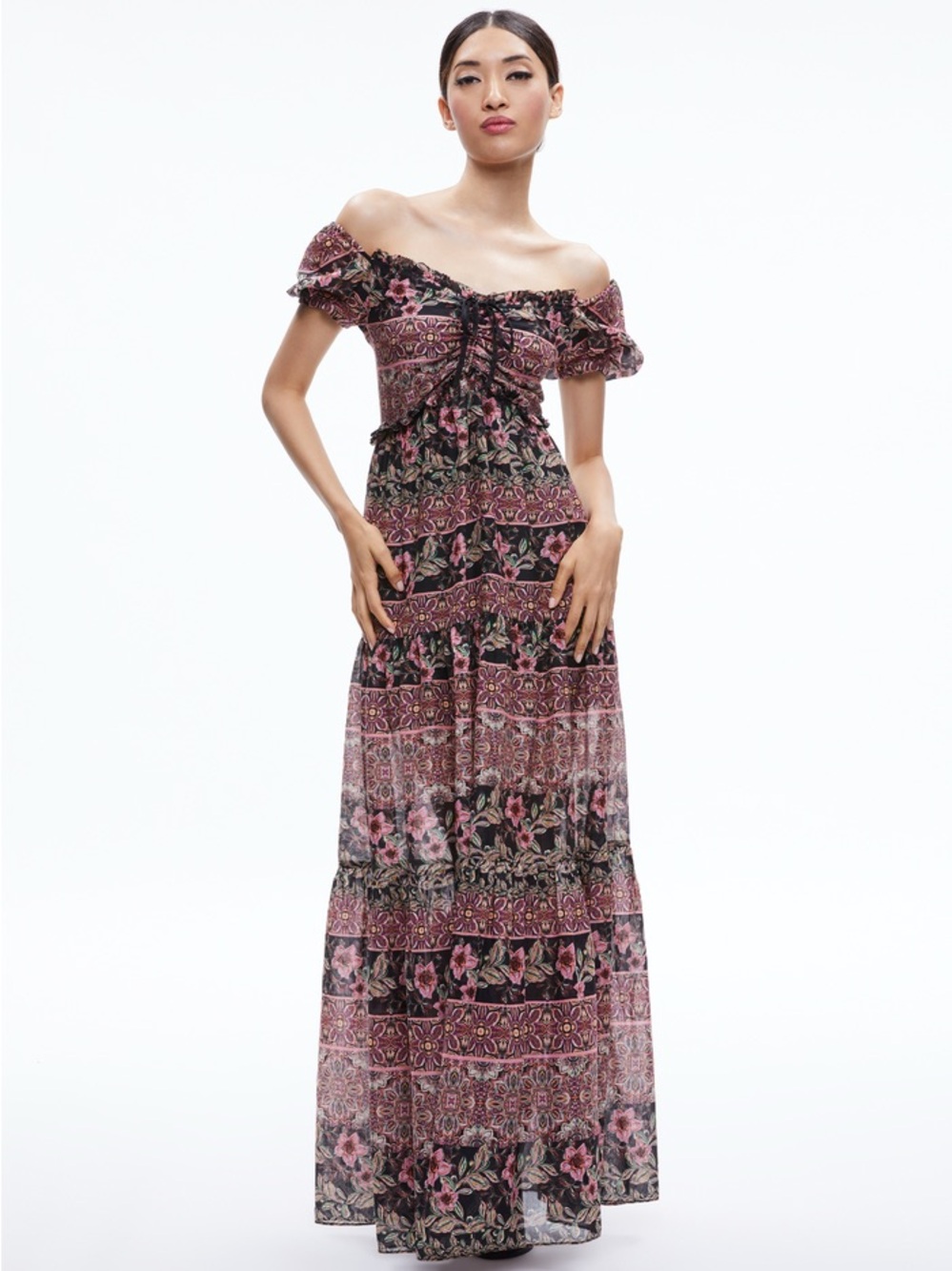 Alice + Olivia Silk Blend Andrea Puff Sleeve Maxi Dress Sz 0 Whimsigoth Ethereal